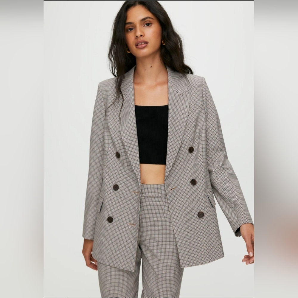 ARITZIA Babaton Samuel Check Double Breasted Blazer In Brown Neutral. Size: 00.
